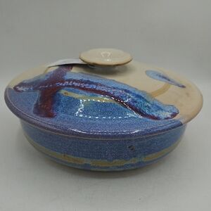 Handmade Ceramic Lidded Dish in Blue and Cream
